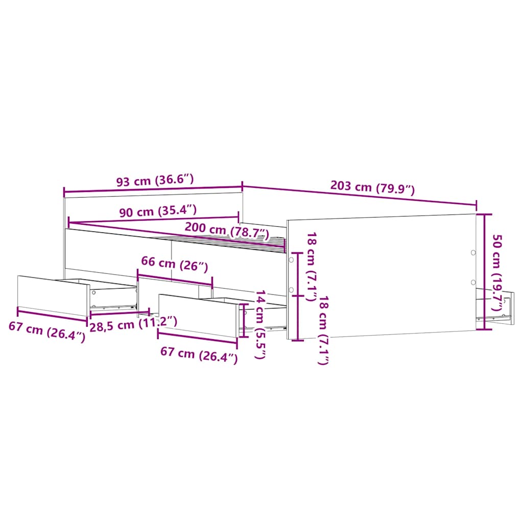 Okvir kreveta s uzglavljem i podnožjem boja betona 90 x 200 cm
