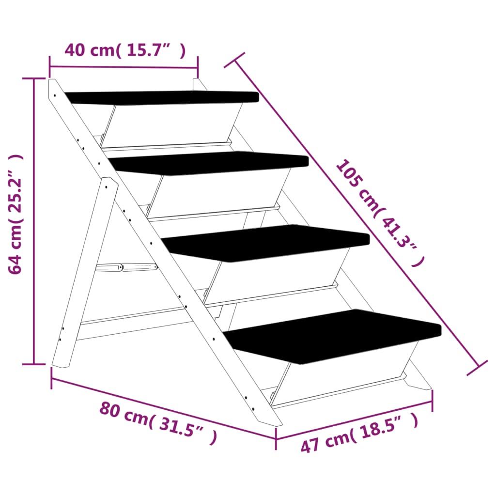 Stepenice za pse sive 105 x 47 cm od masivne jelovine