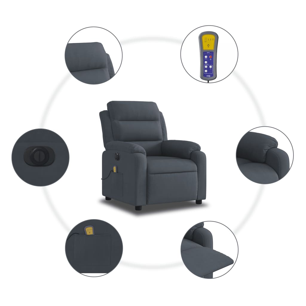 Električni masažni naslonjač tamnosivi baršunasti