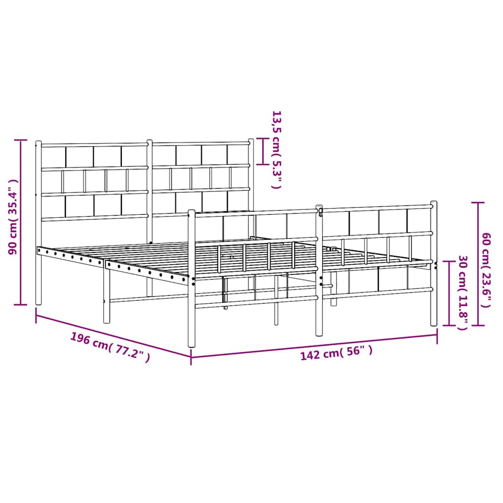 Metalni okvir kreveta uzglavlje i podnožje crni 135x190 cm