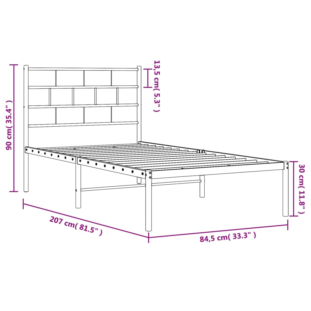 Metalni okvir za krevet s uzglavljem bijeli 80x200 cm