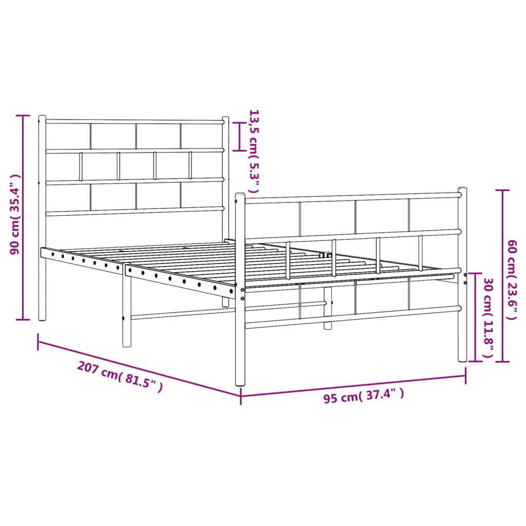 Metalni okvir kreveta uzglavlje i podnožje bijeli 90 x 200 cm
