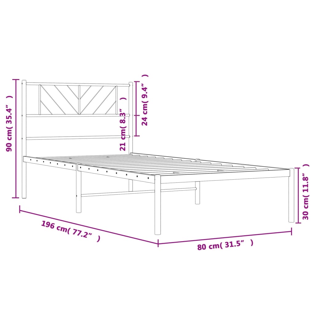 Metalni okvir za krevet s uzglavljem crni 75x190 cm