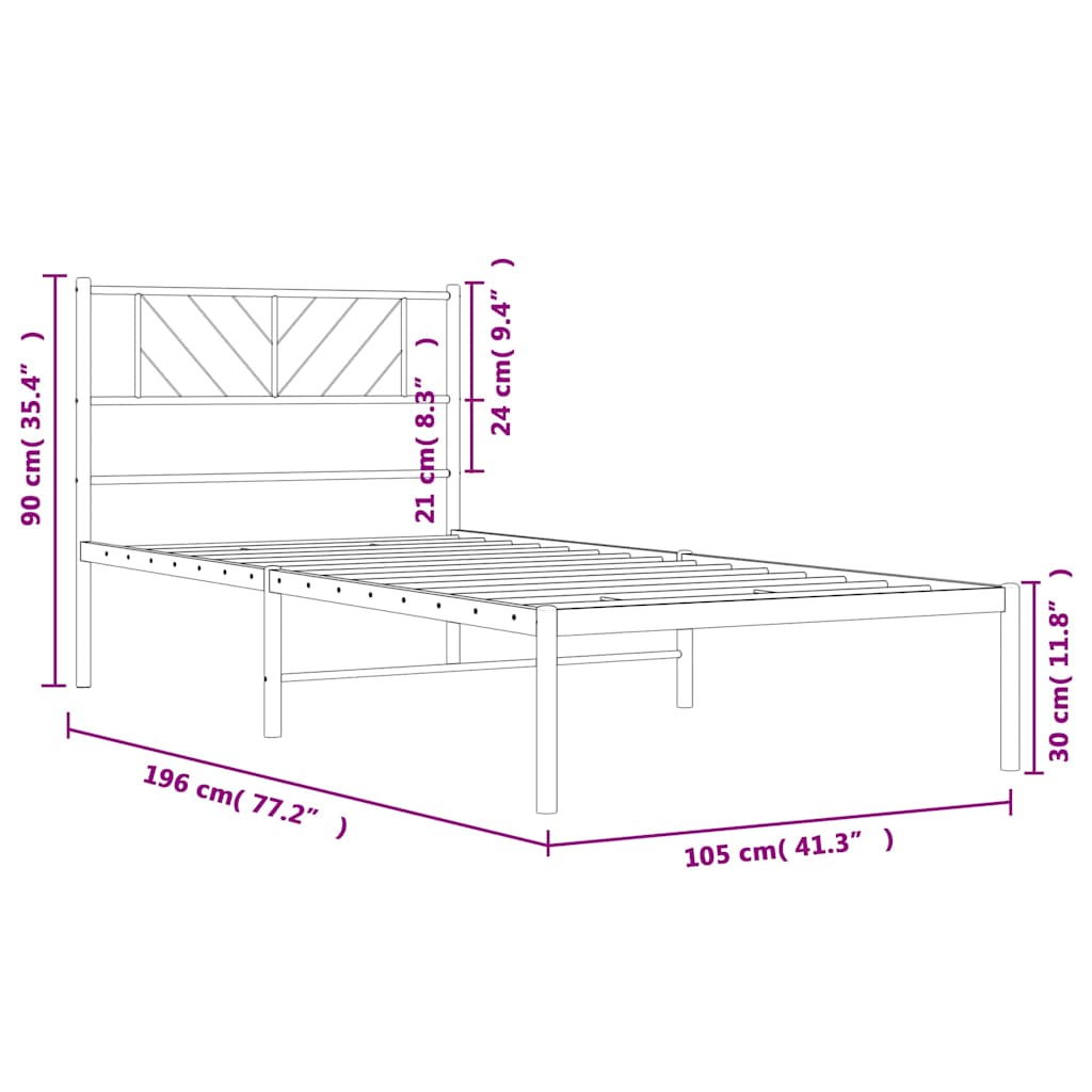 Metalni okvir za krevet s uzglavljem crni 100x190 cm