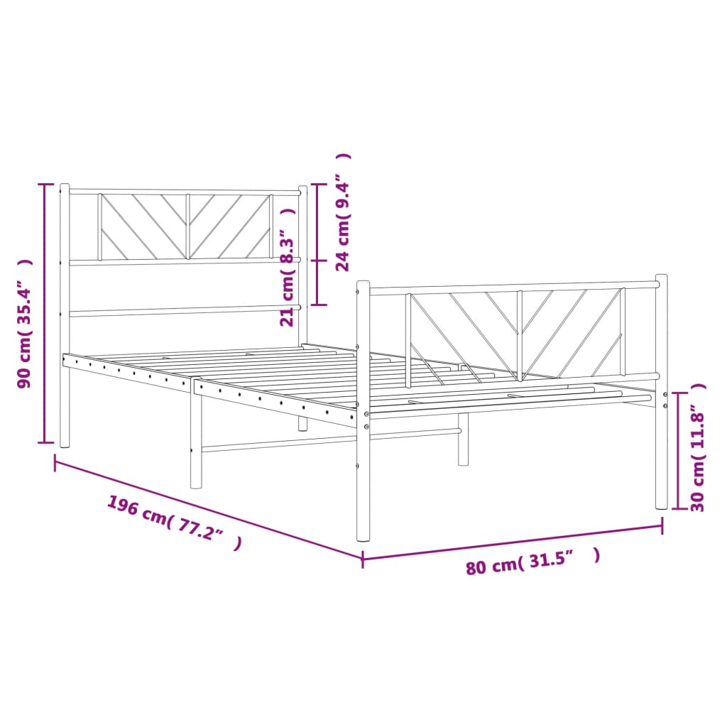 Metalni okvir kreveta uzglavlje i podnožje crni 75x190 cm