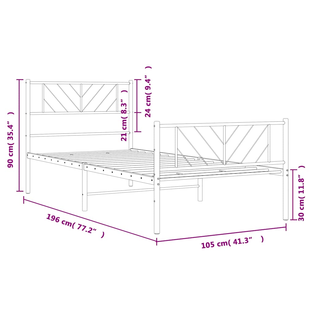 Metalni okvir kreveta uzglavlje i podnožje crni 100x190 cm