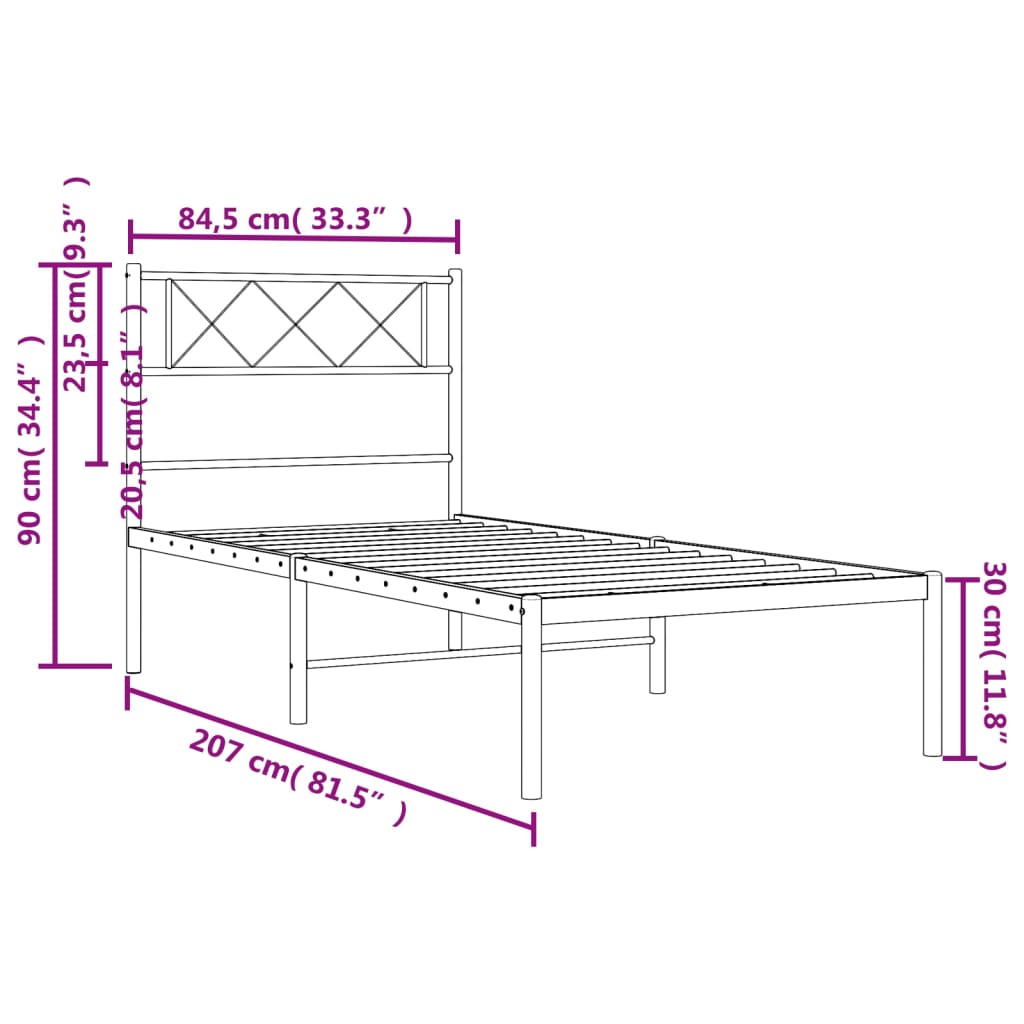 Metalni okvir za krevet s uzglavljem crni 80x200 cm