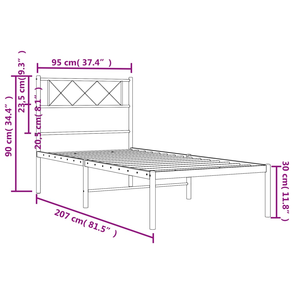 Metalni okvir za krevet s uzglavljem crni 90x200 cm