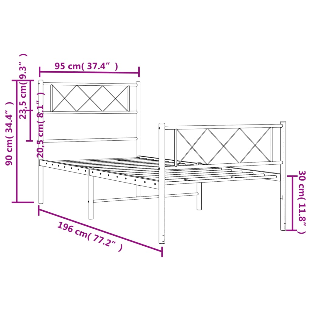 Metalni okvir kreveta uzglavlje i podnožje crni 90x190 cm