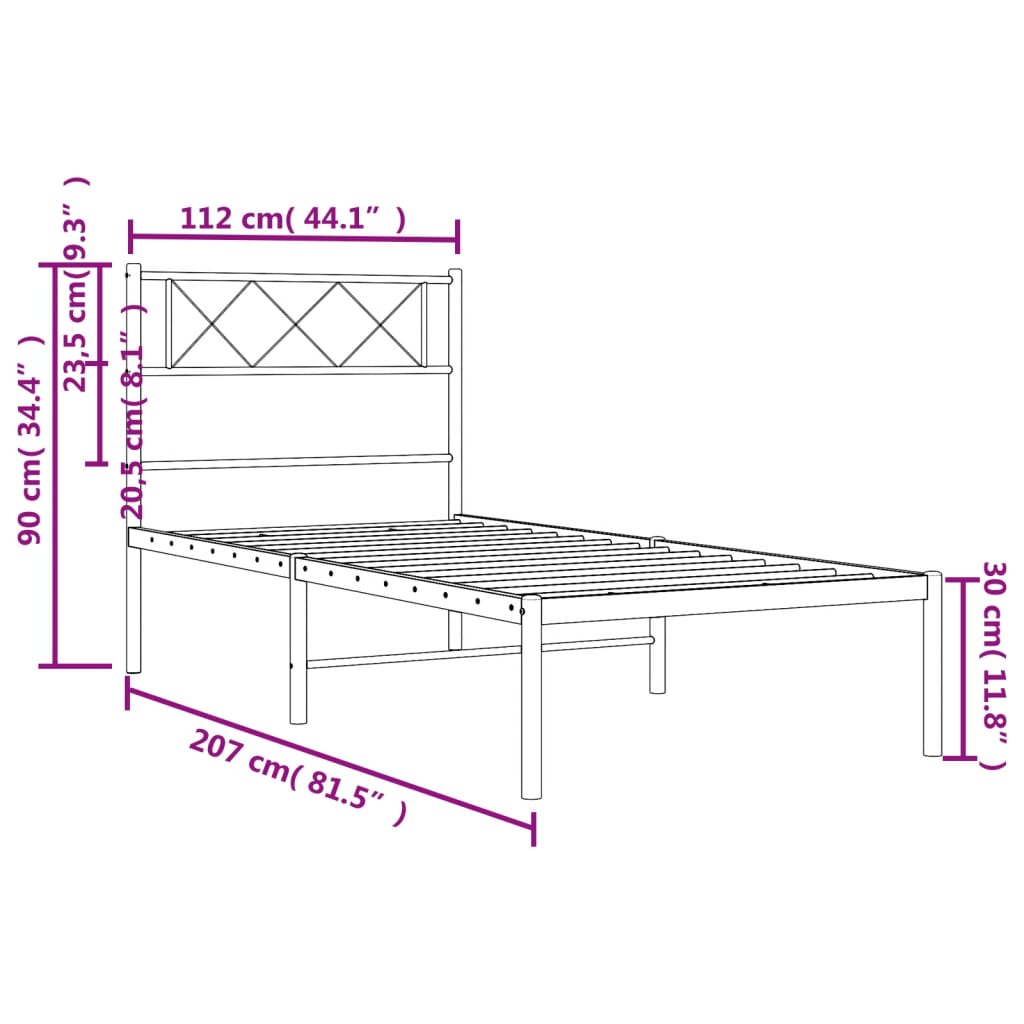 Metalni okvir za krevet s uzglavljem bijeli 107x203 cm