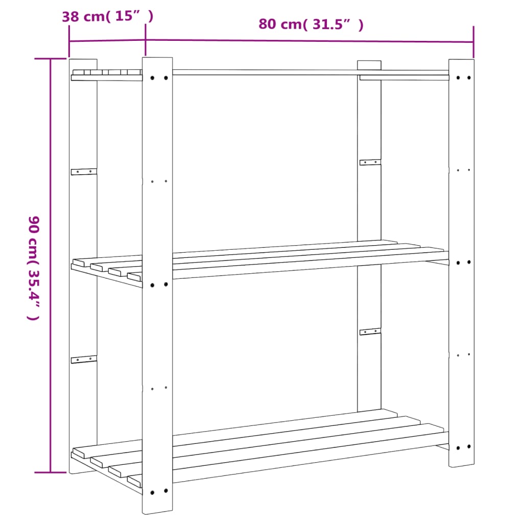 Stalak za pohranu s 3 razine crni 80x38x90 cm masivna borovina