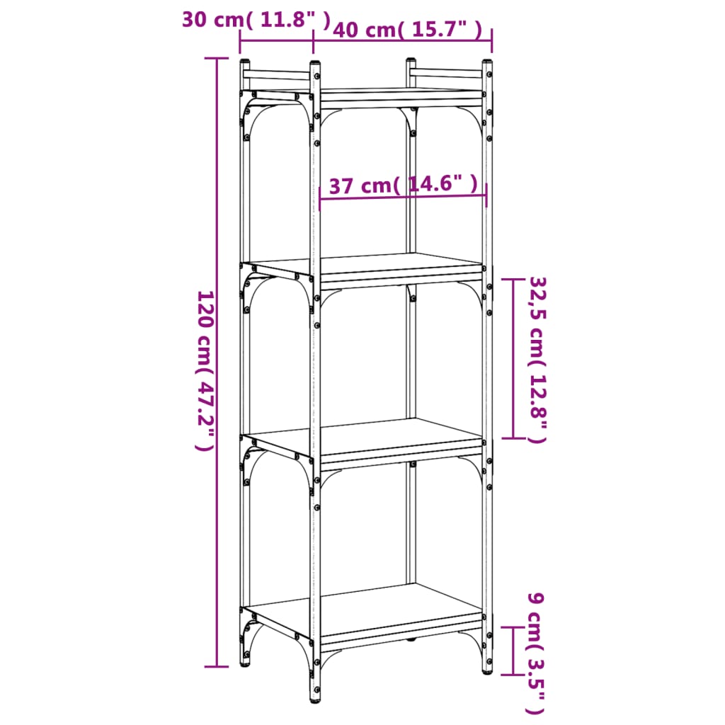 Regal za knjige s 4 razine siva boja hrasta 40x30x120 cm drveni