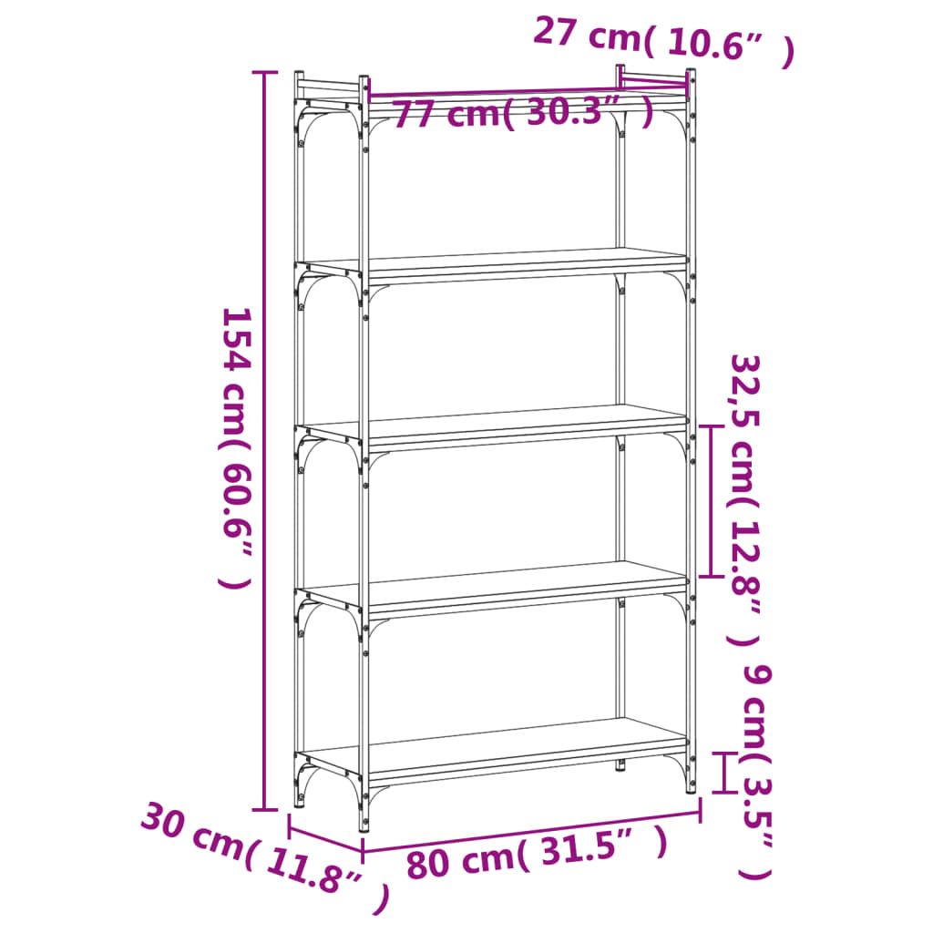 Regal za knjige s 5 razina siva boja hrasta 80x30x154 cm drveni