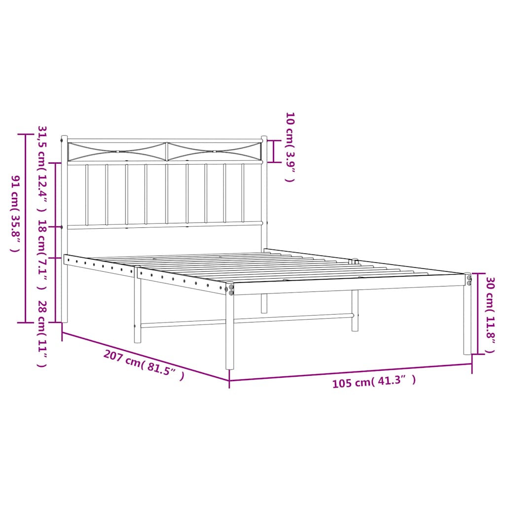 Metalni okvir za krevet s uzglavljem crni 100x200 cm