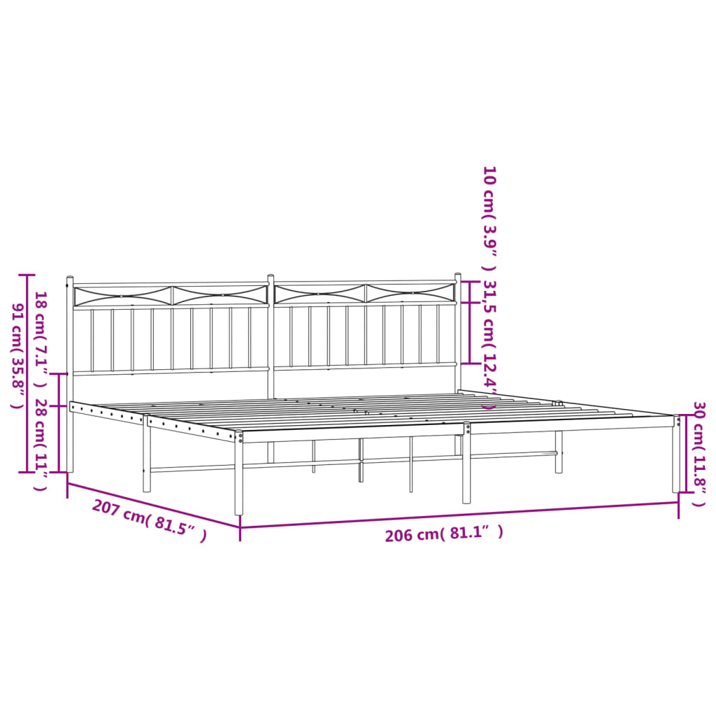 Metalni okvir za krevet s uzglavljem bijeli 200x200 cm