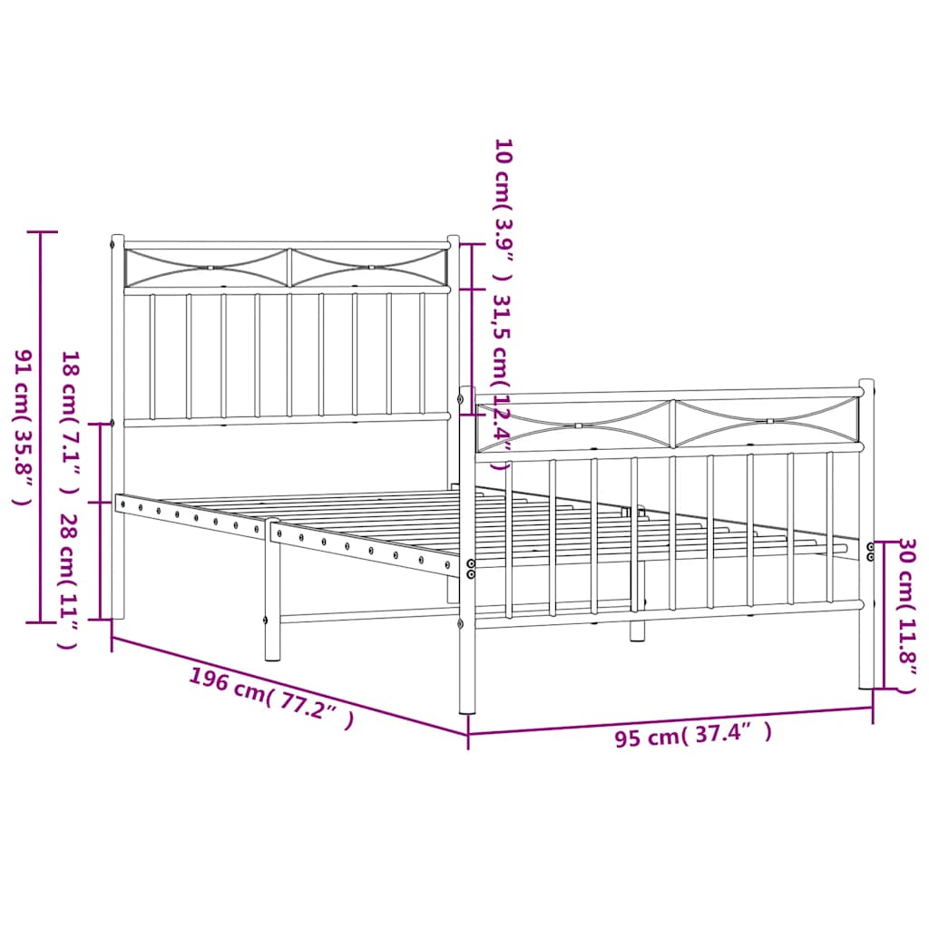 Metalni okvir kreveta uzglavlje i podnožje bijeli 90x190 cm