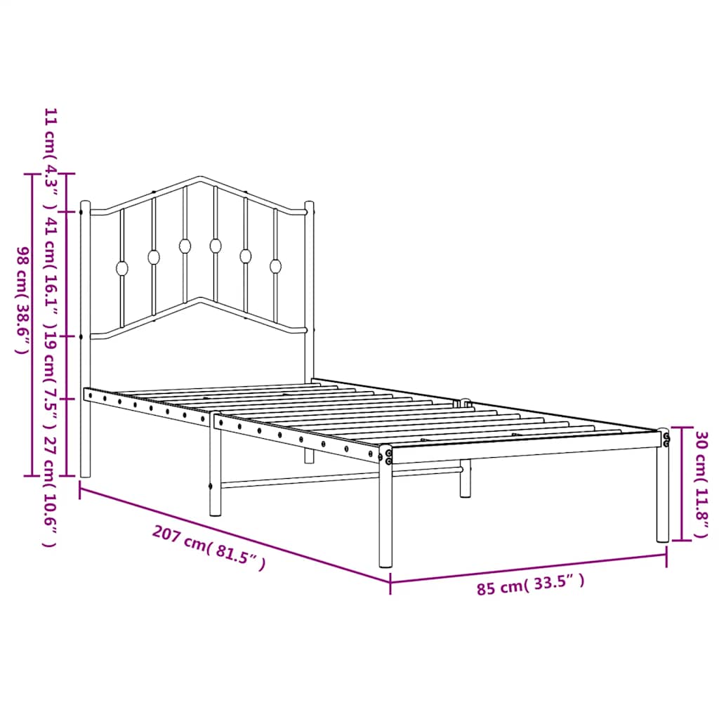 Metalni okvir za krevet s uzglavljem crni 80x200 cm