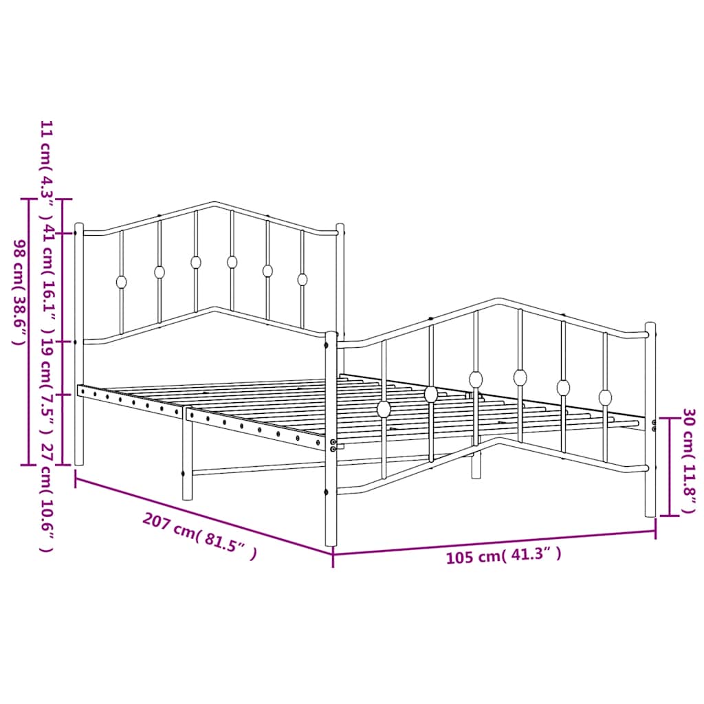 Metalni okvir kreveta s uzglavljem i podnožjem crni 100x200 cm