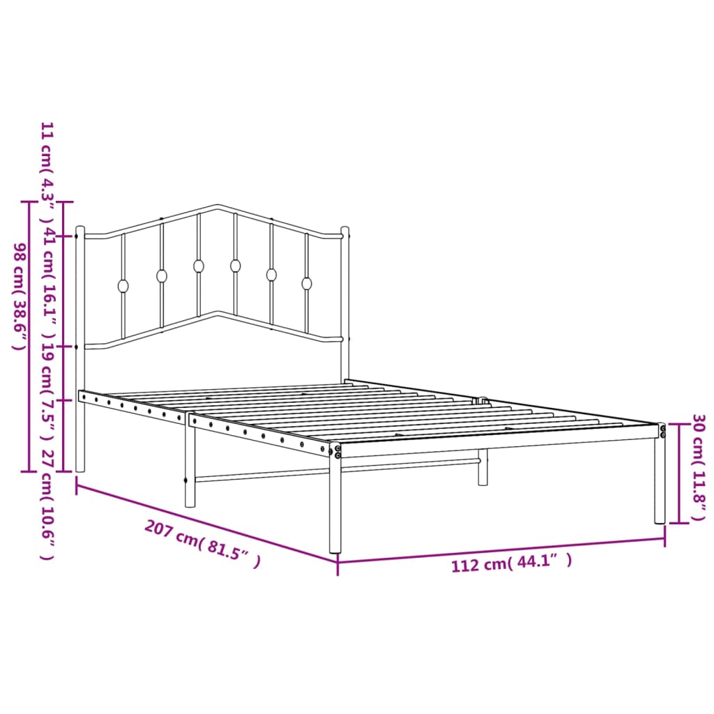 Metalni okvir za krevet s uzglavljem bijeli 107x203 cm