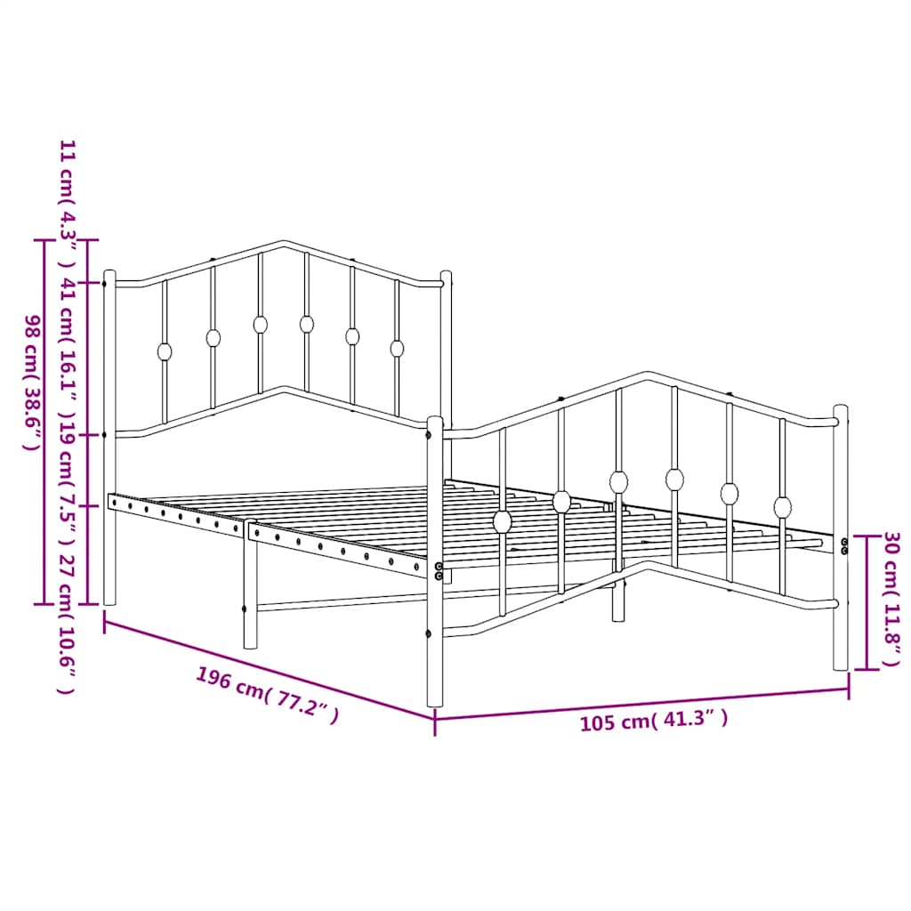 Metalni okvir kreveta s uzglavljem i podnožjem bijeli 100x190cm