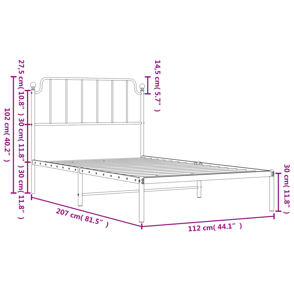 Metalni okvir za krevet s uzglavljem crni 107x203 cm