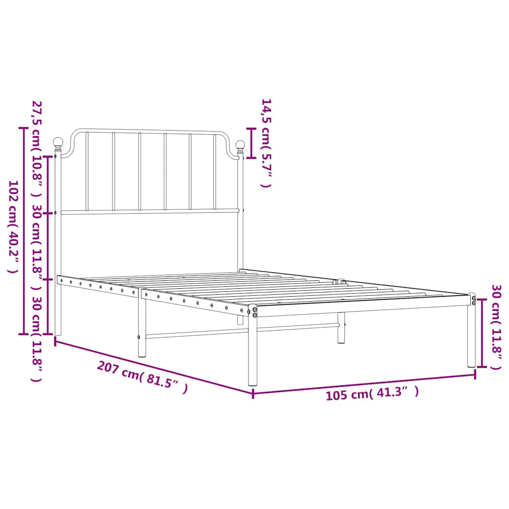 Metalni okvir za krevet s uzglavljem bijeli 100x200 cm