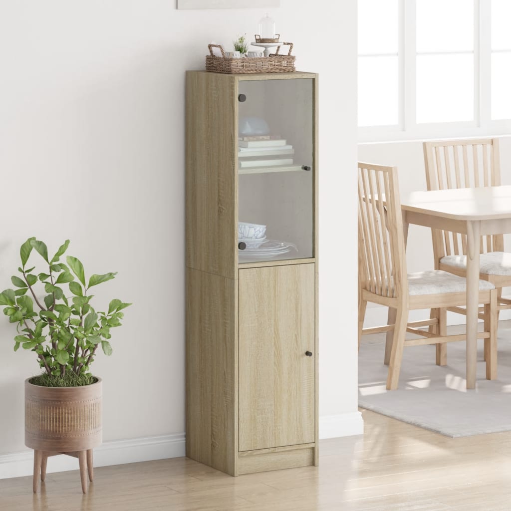 Visoka komoda sa staklenim vratima boja hrasta 35 x 37 x 142 cm