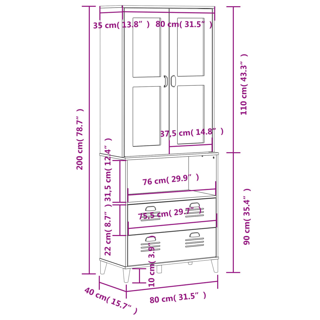 Visoka komoda VIKEN antracit siva 80x40x200 cm masivna borovina