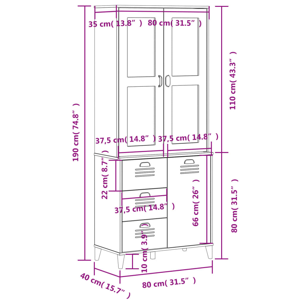 Visoka komoda VIKEN crna 80 x 40 x 190 cm od masivne borovine