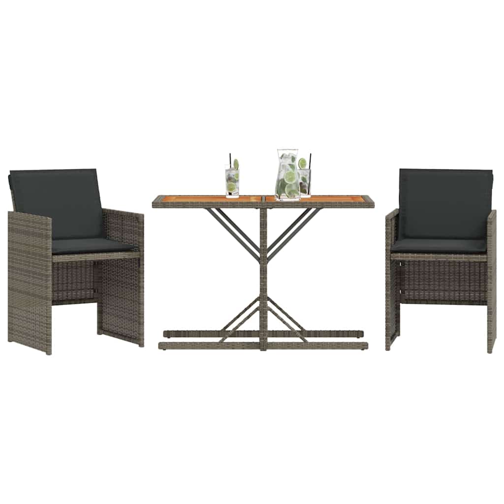 3-dijelni bistro set od poliratana s jastucima sivi