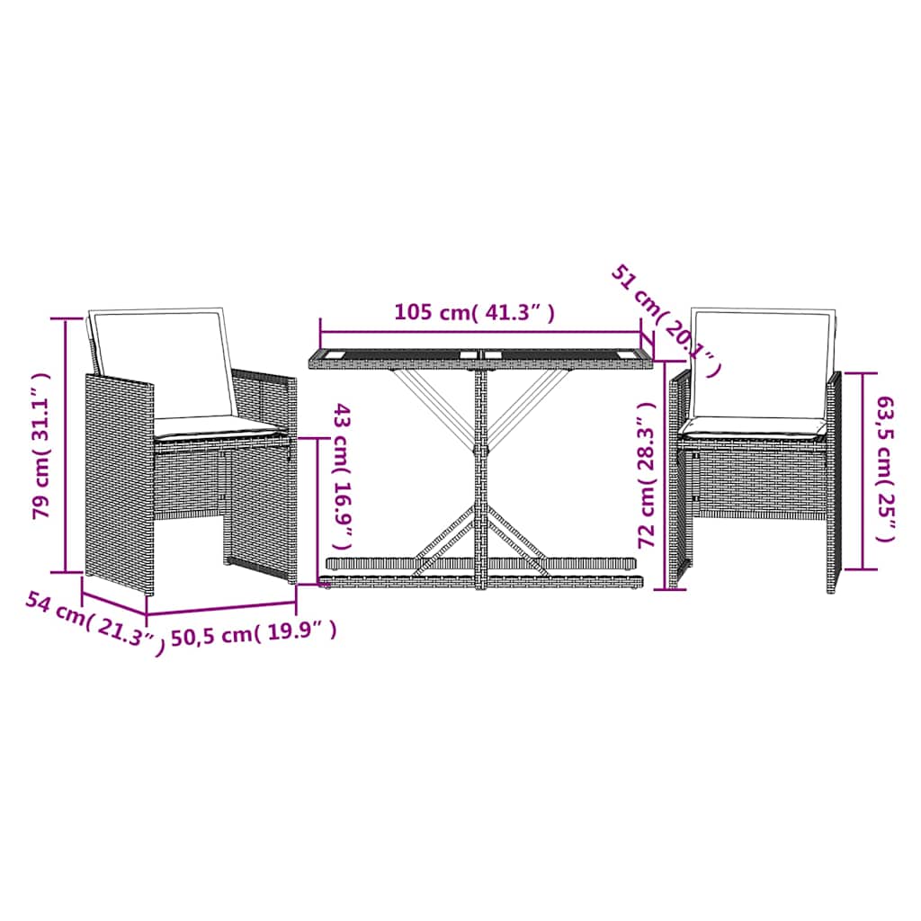 3-dijelni bistro set s jastucima crni od poliratana