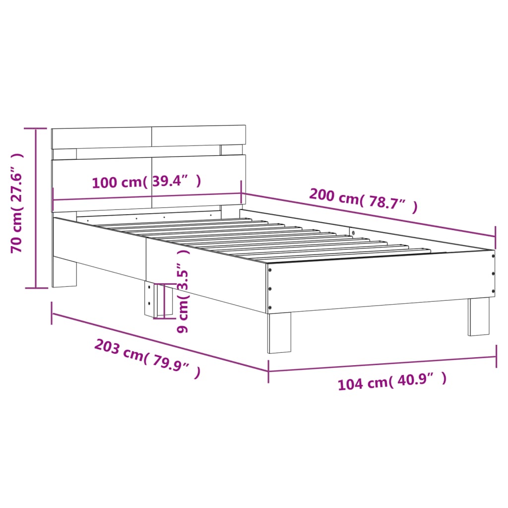 Okvir kreveta s uzglavljem LED siva boja betona 100 x 200 cm