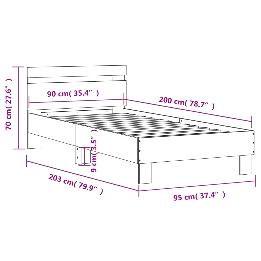 Okvir za krevet s uzglavljem i LED svjetlima bijeli 90x200 cm