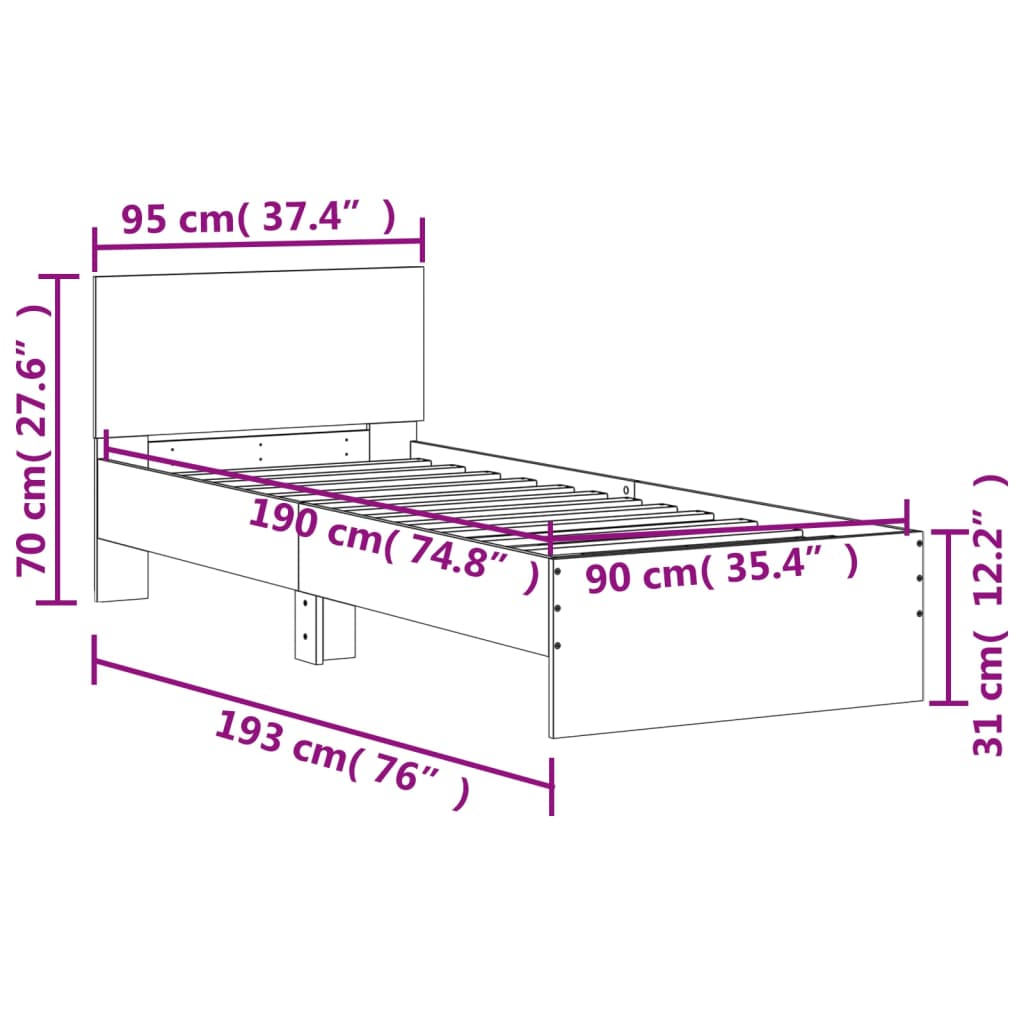 Okvir za krevet s uzglavljem i LED svjetlima bijeli 90x190 cm