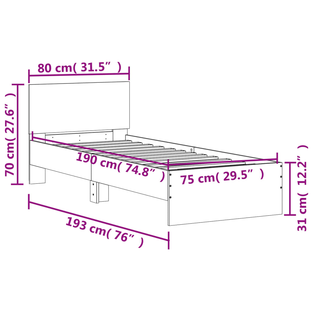 Okvir za krevet s uzglavljem i LED svjetlima crni 75x190 cm