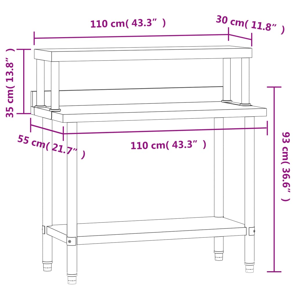 Kuhinjski radni stol s policom 110x55x120 cm nehrđajući čelik