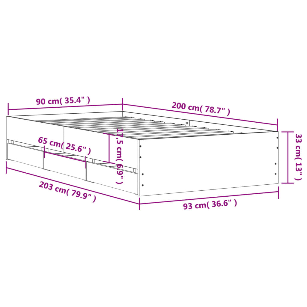 Okvir kreveta s ladicama crni 90 x 200 cm konstruirano drvo
