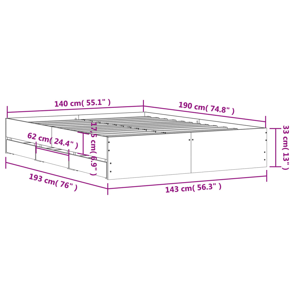 Okvir za krevet s ladicama crni 140x190 cm konstruirano drvo