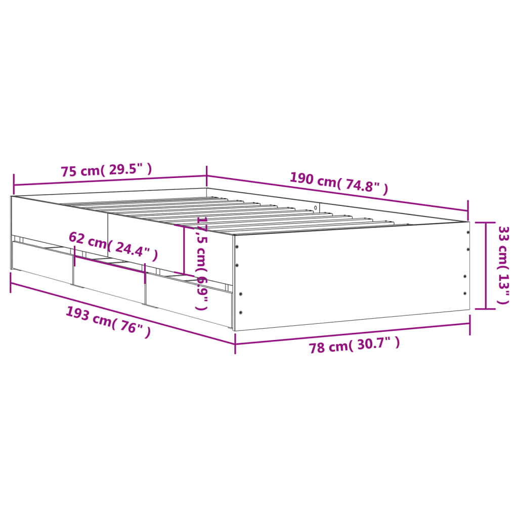 Okvir kreveta s ladicama crni 75 x 190 cm konstruirano drvo