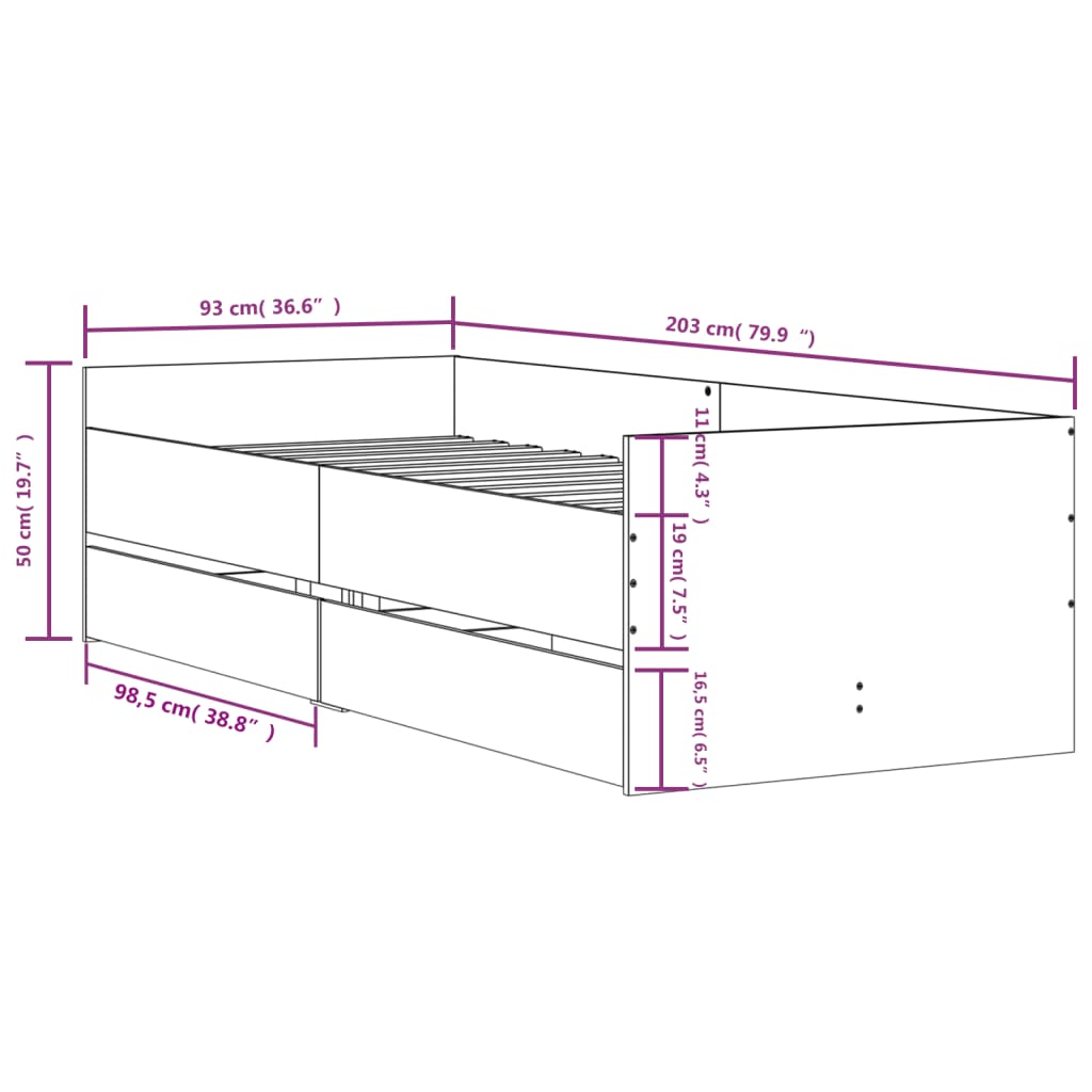 Okvir kreveta s ladicama siva boja hrasta 90x200 cm