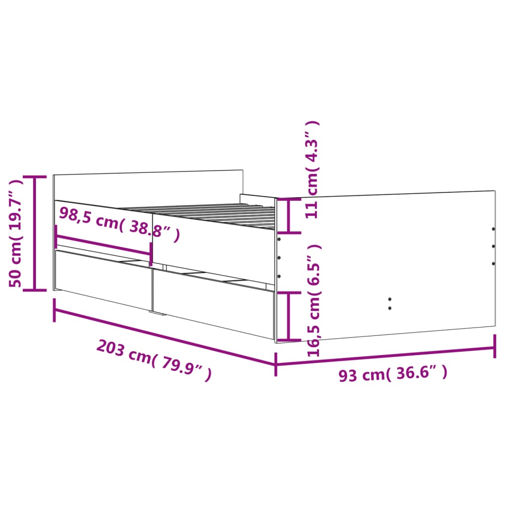 Okvir kreveta s ladicama siva boja hrasta 90x200 cm