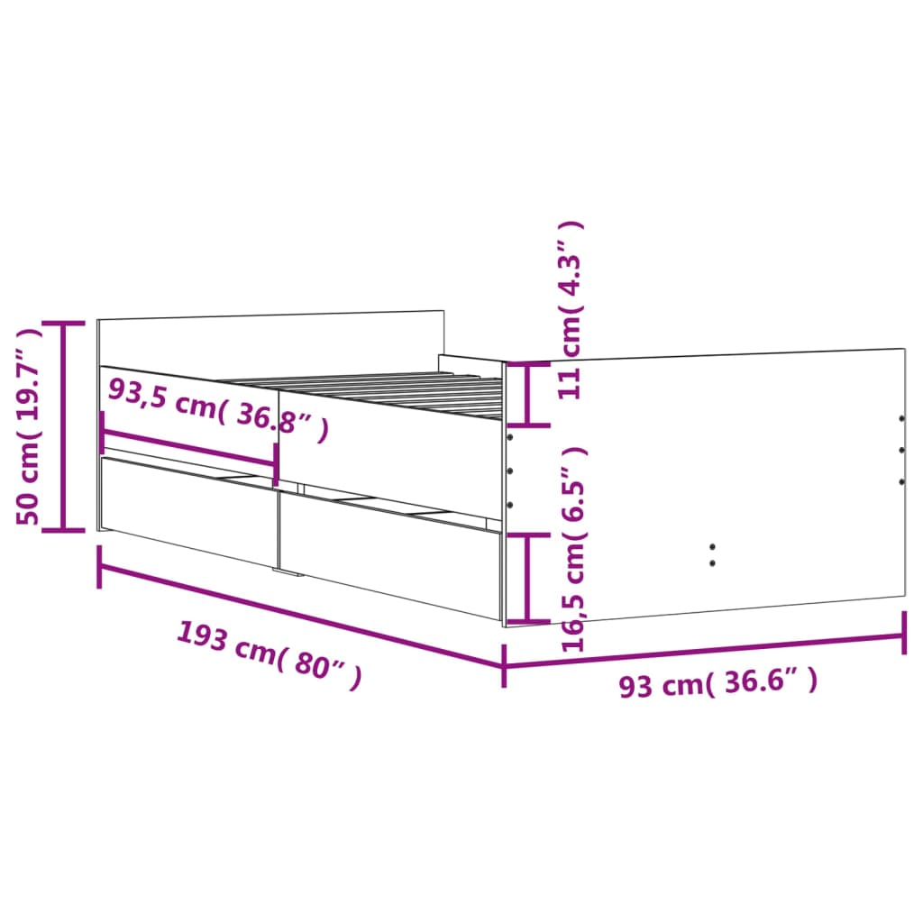 Okvir kreveta s ladicama boja smeđeg hrasta 90 x 190 cm