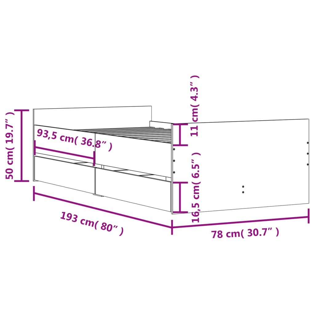 Okvir za krevet s ladicama boja hrasta 75x190 cm za jednu osobu