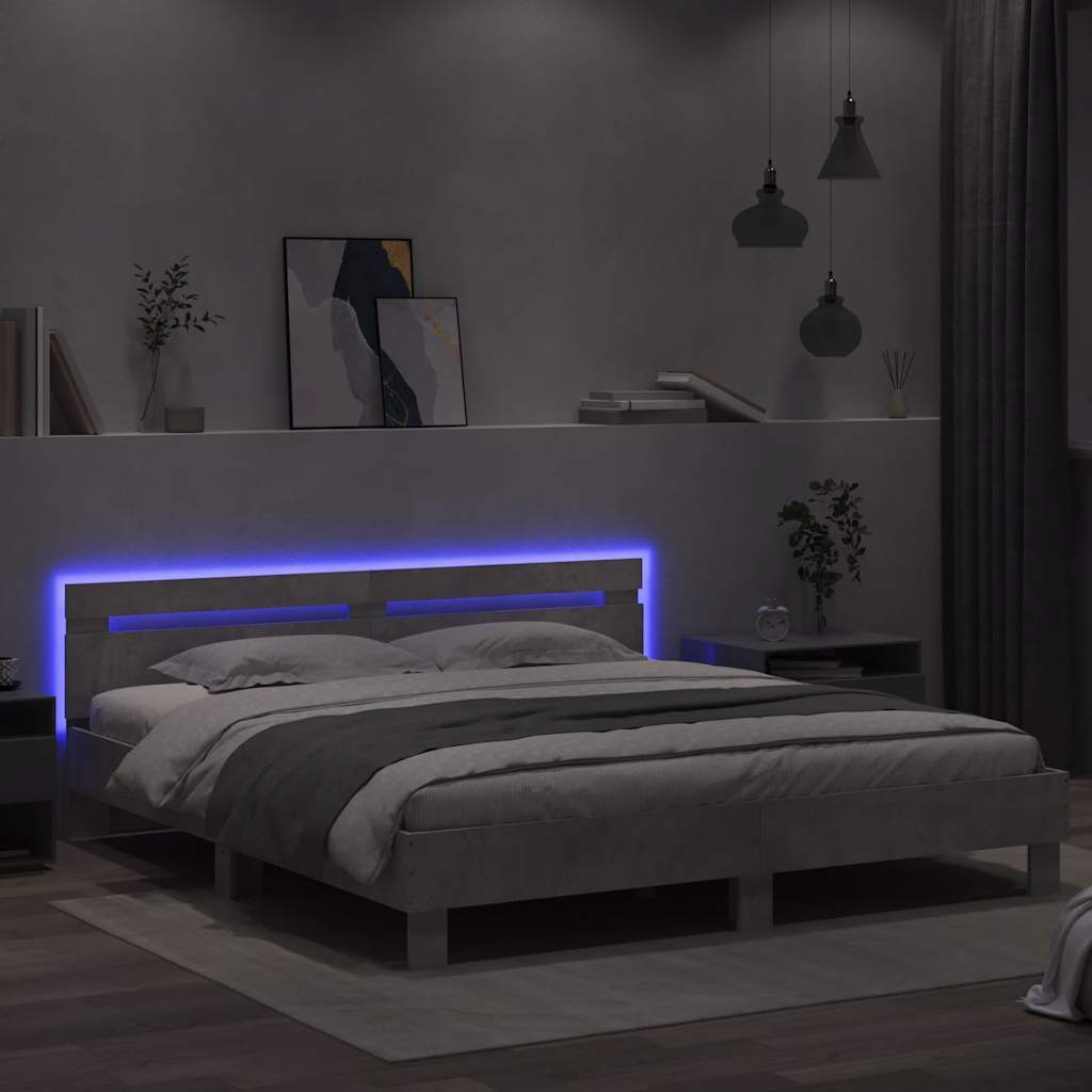 Okvir za krevet s uzglavljem i LED siva boja betona 160x200 cm