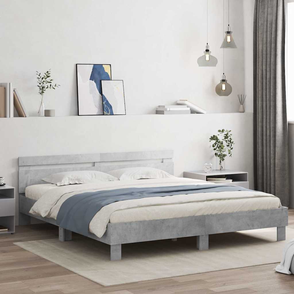 Okvir za krevet s uzglavljem i LED siva boja betona 160x200 cm