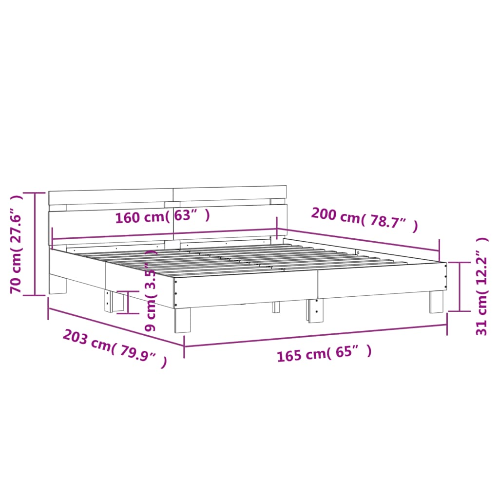 Okvir za krevet s uzglavljem i LED boja smeđeg hrasta 160x200cm