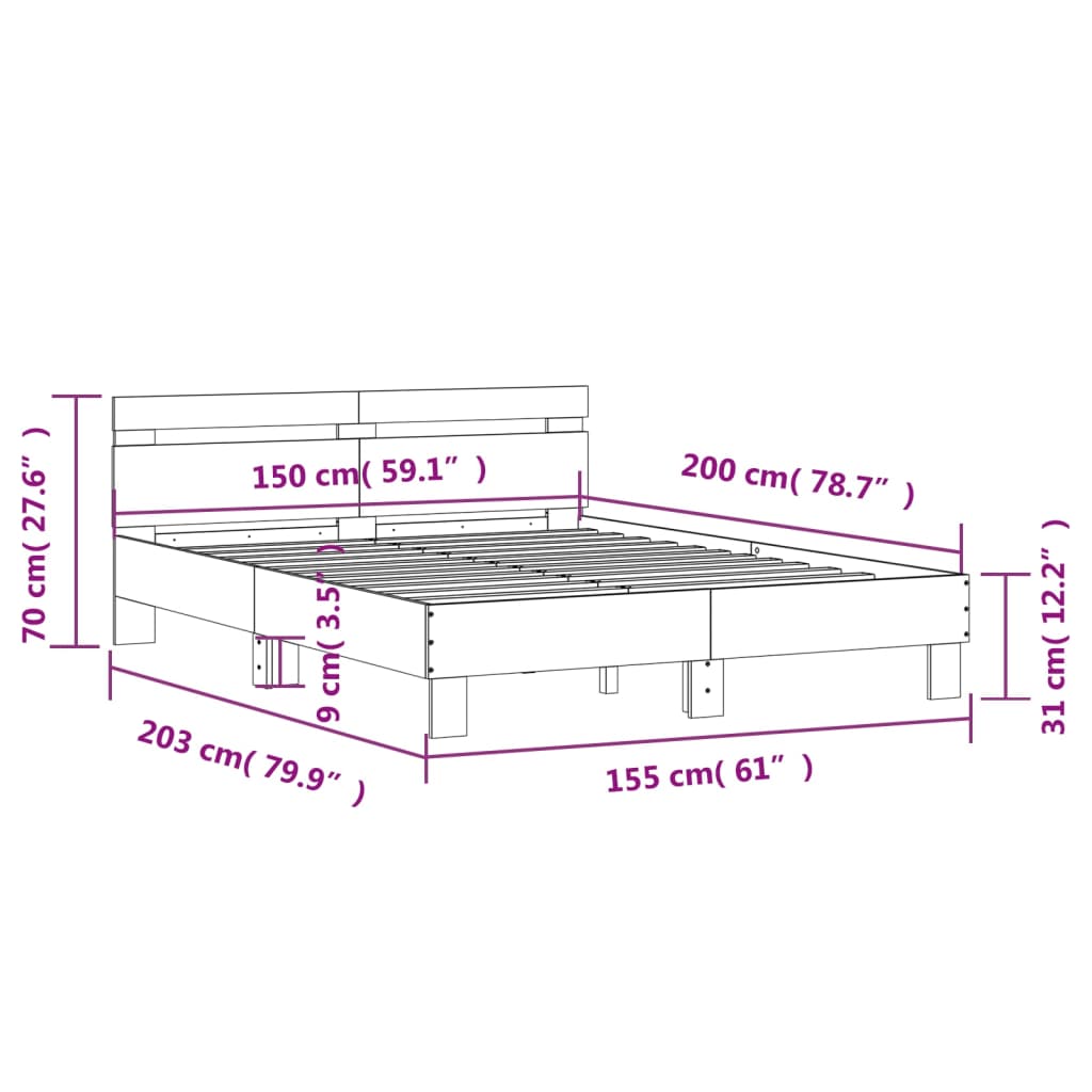 Okvir za krevet s uzglavljem i LED boja hrasta sonome 150x200cm