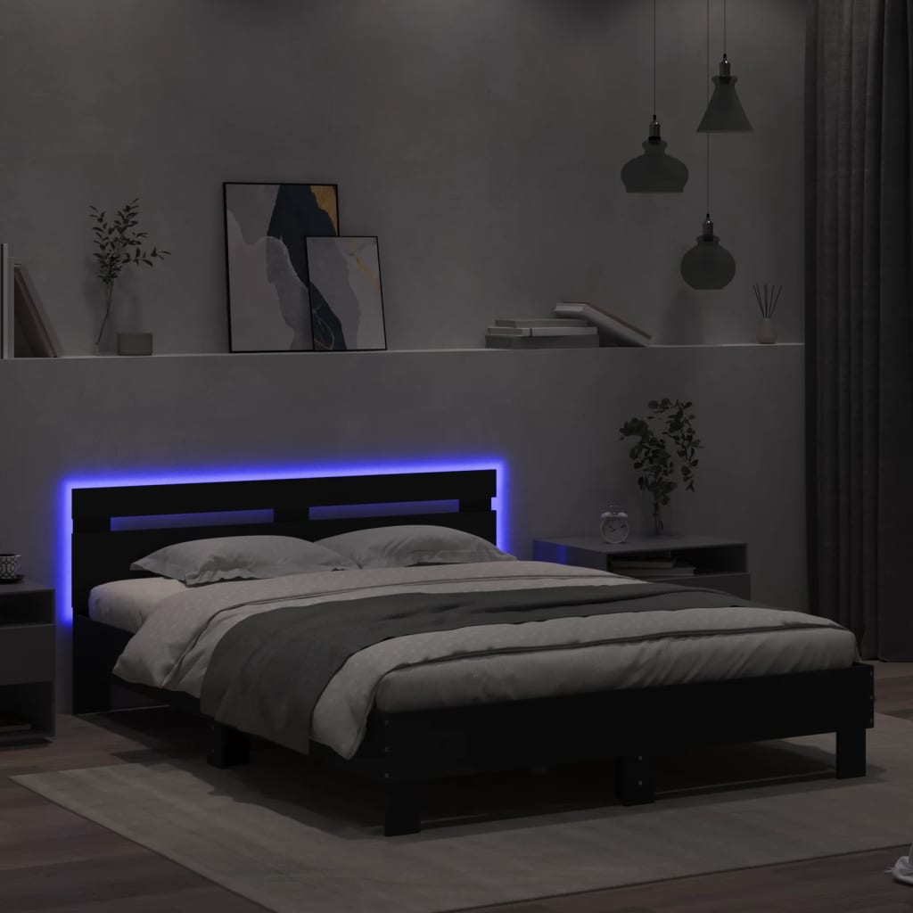 Okvir za krevet s uzglavljem i LED crni 140 x 200 cm