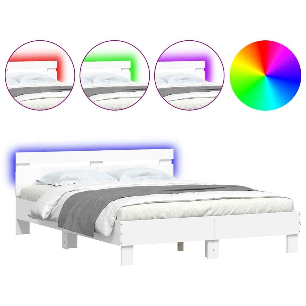 Okvir kreveta s uzglavljem i LED svjetlima bijeli 140 x 190 cm
