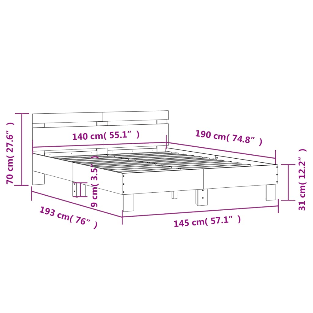 Okvir kreveta s uzglavljem i LED svjetlima bijeli 140 x 190 cm